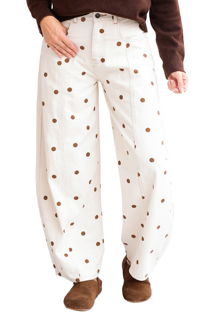 Beige Polka Dot Print Barrel Jeans