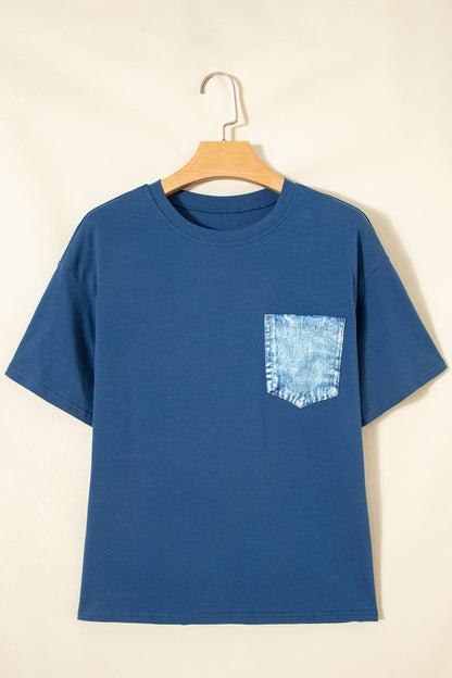 Color Block Chest Pocket Patched Casual Short Sleeve Top (Other Color)