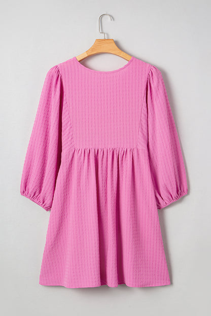 Sachet Pink Textured Tie Split Neck Puff Sleeve Flowy Mini Dress