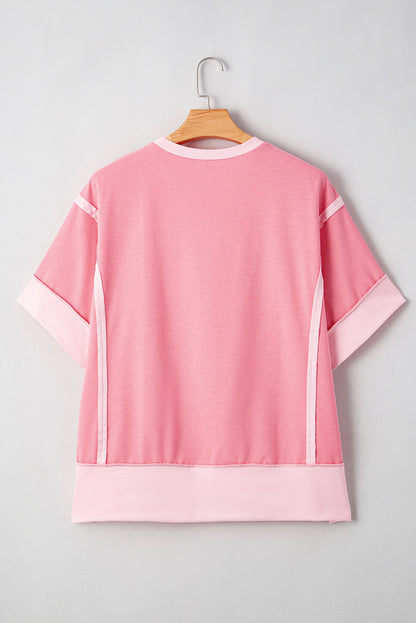 Peach Blossom Two Tones Patchwork Half Sleeve T Shirt