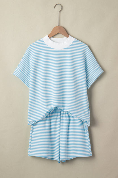 Stripe Cuffed Sleeve Contrast Mock Neck Tee Casual 2pcs Short Set (Other Colors)