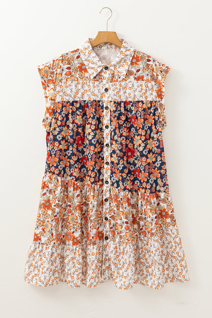 Beige Floral Patchwork Button Front Collared Mini Dress