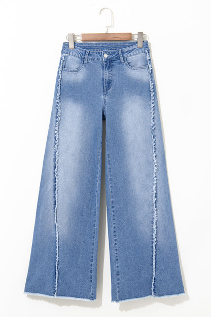 Beau Blue Vintage Stitching Raw Hem Flared Jeans (Extended Sizes)