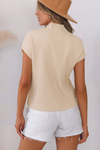 Oatmeal Patch Pocket Ribbed Knit Short Sleeve Sweater (Extended Sizes)
