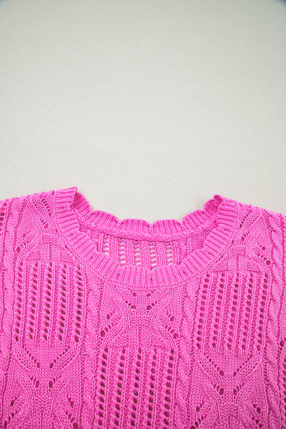Bonbon Pointelle Knit Patterned Scalloped Trim Short Sleeve Sweater (Other Colors)