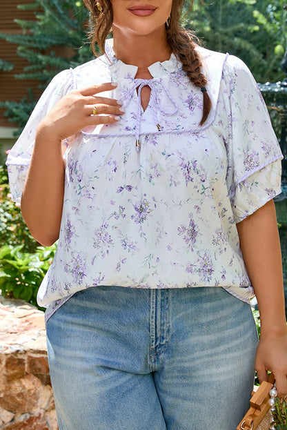 Purple Floral Trimmed Detail Split Neck Top