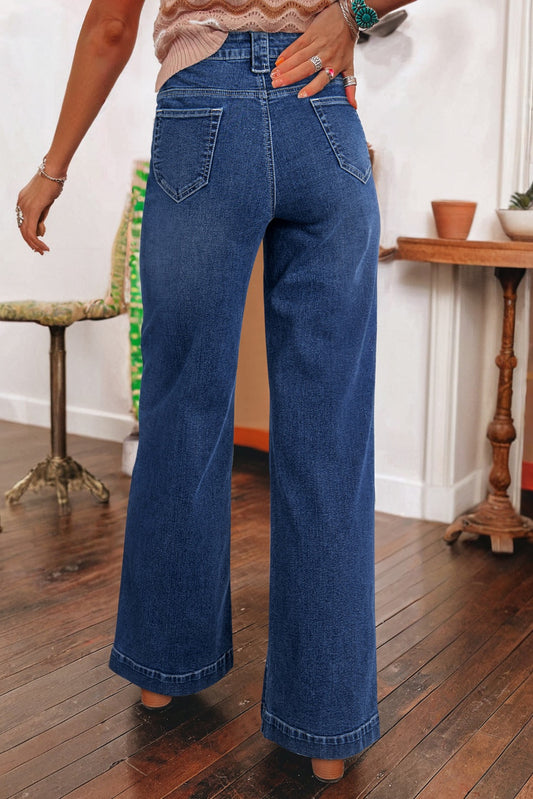 Sail Wide Leg Pocketed High Waist Jeans (Other Colors)(Extended Sizes)