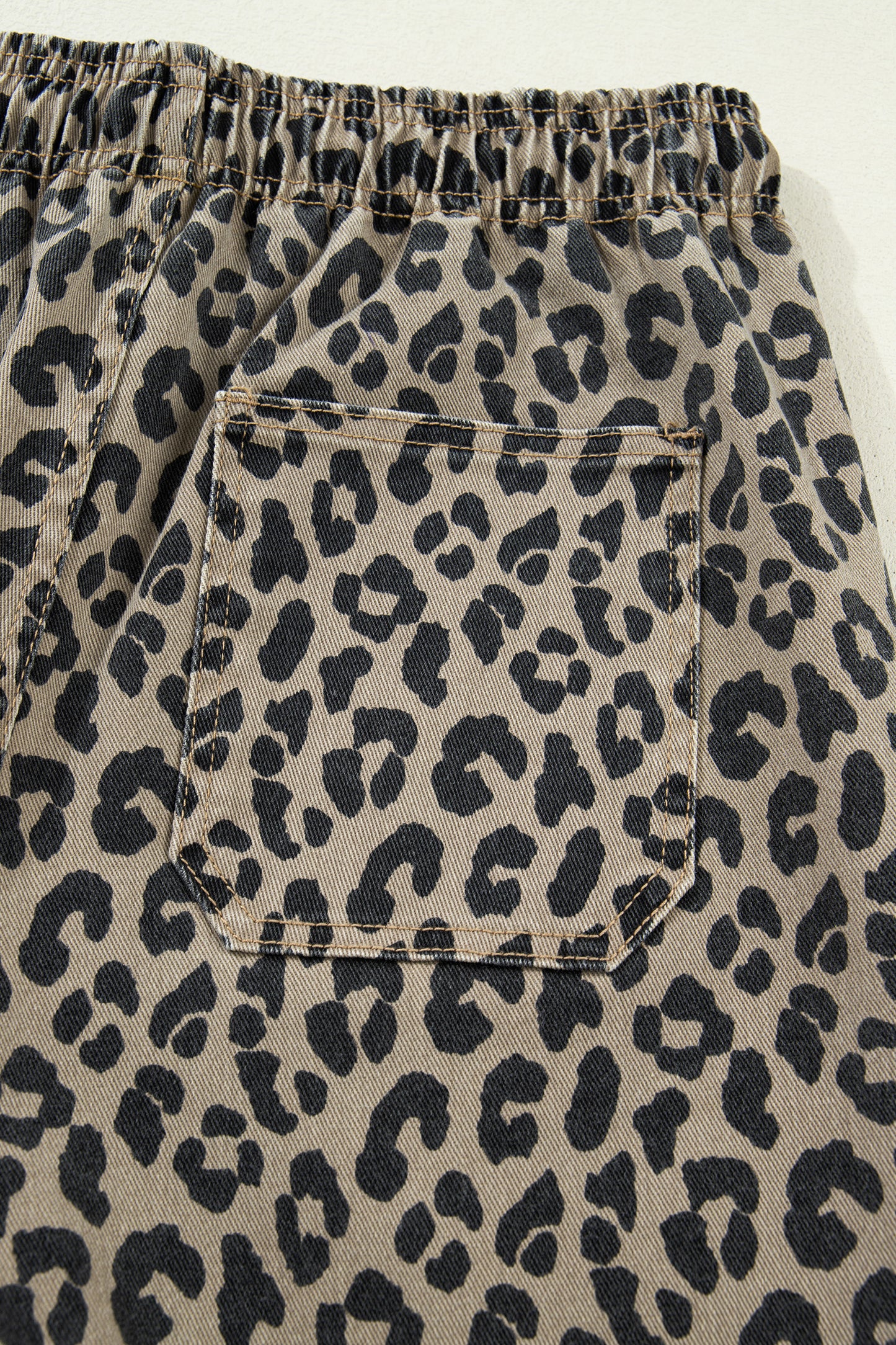 Khaki Leopard Print Drawstring Elastic Waist Loose Denim Pants