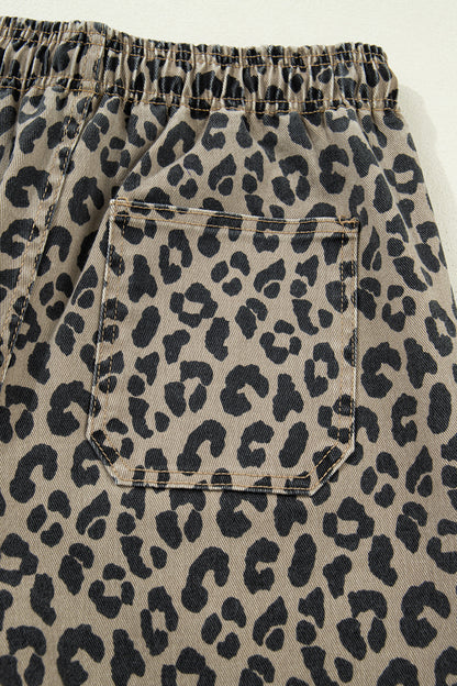 Khaki Leopard Print Drawstring Elastic Waist Loose Denim Pants