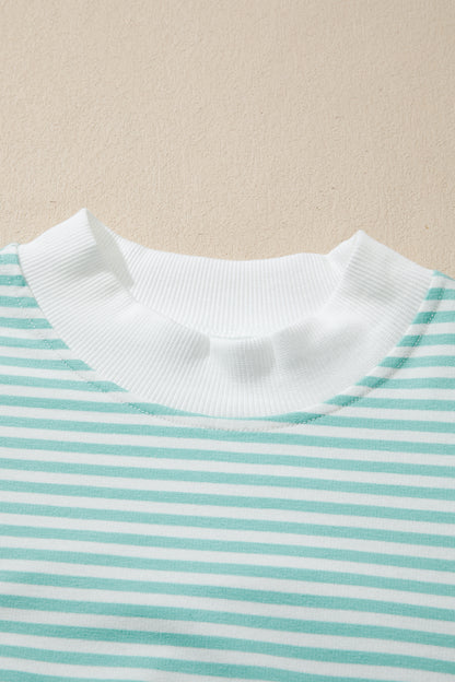 Stripe Cuffed Sleeve Contrast Mock Neck Tee Casual 2pcs Short Set (Other Colors)