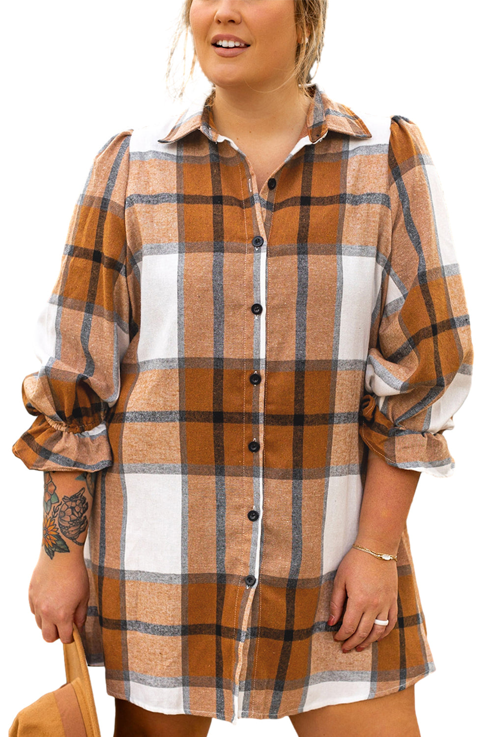 Khaki Plaid Flounce Sleeve Button up Shirt Dress