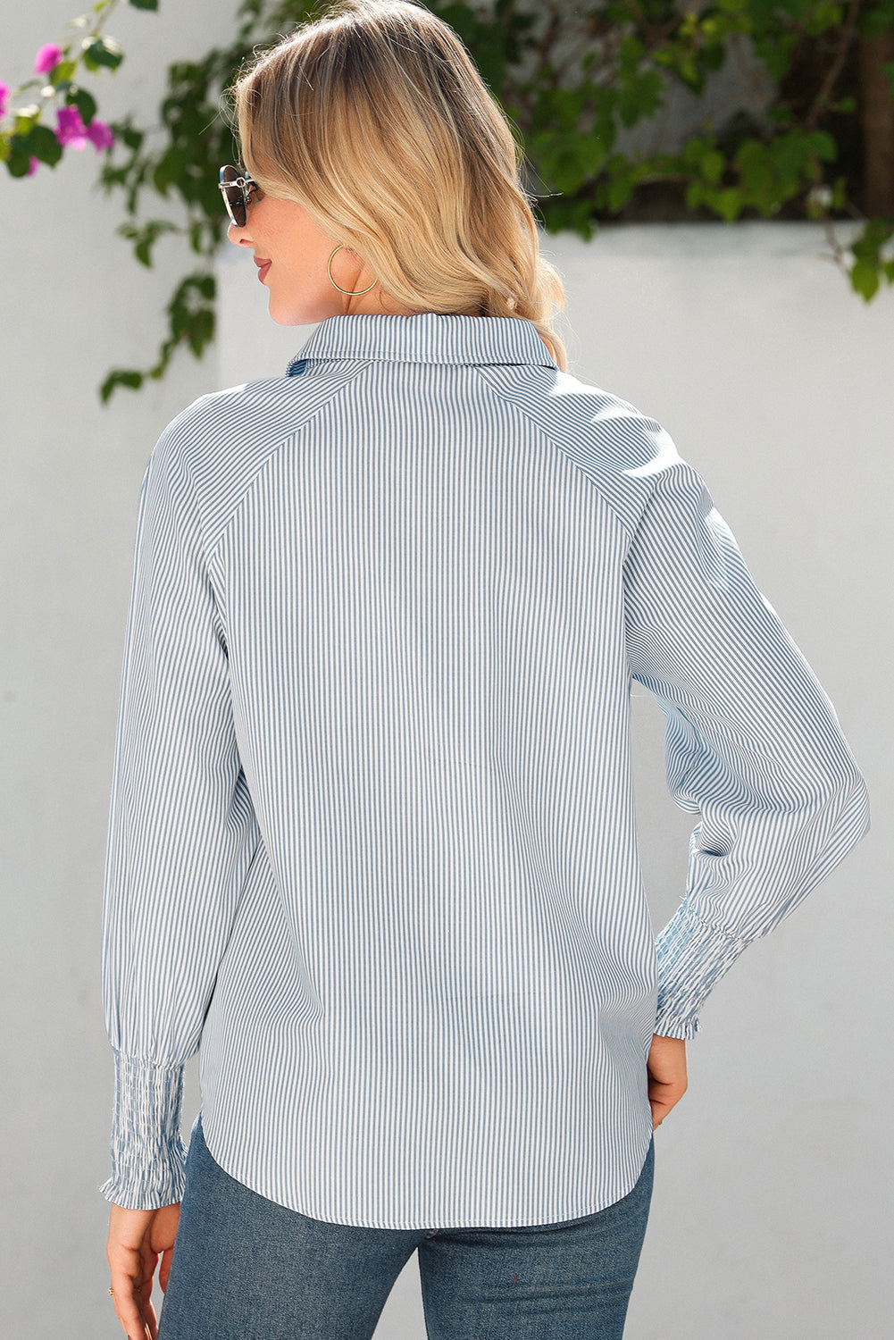 Gray Pinstripe Long Sleeve Smocked Cuffs Button Shirt Collar Blouse