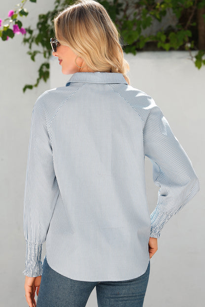 Gray Pinstripe Long Sleeve Smocked Cuffs Button Shirt Collar Blouse