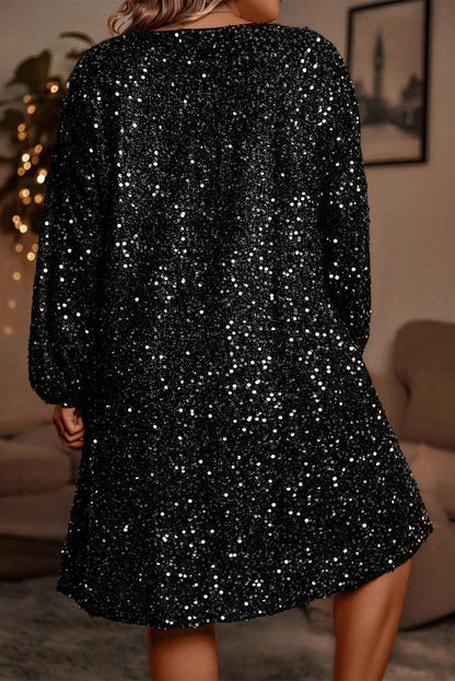 Color black Bubble Sleeve V Neck Sequin Dress