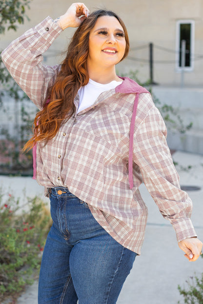 Bonbon Plaid Print Drawstring Hooded Button-up Shirt