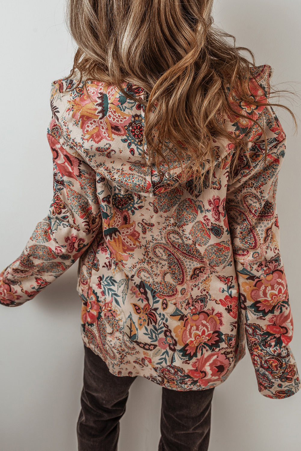 Khaki Vintage Floral Printed Sherpa Lined Hooded Jacket