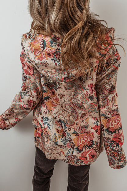 Khaki Vintage Floral Printed Sherpa Lined Hooded Jacket