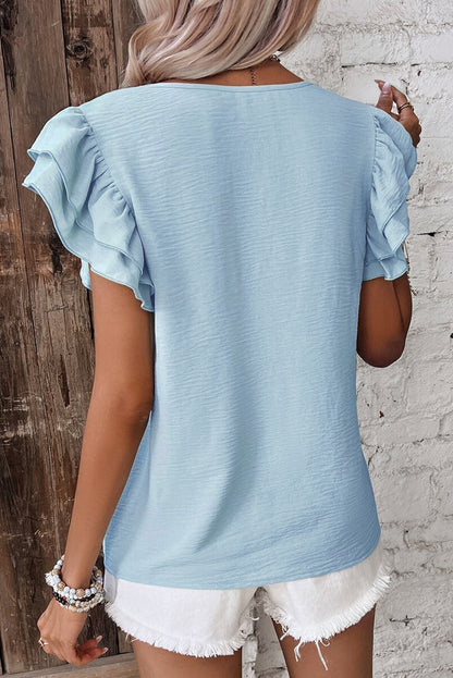 Solid Color Ruffled Short Sleeve Casual Blouse (Other Colors)