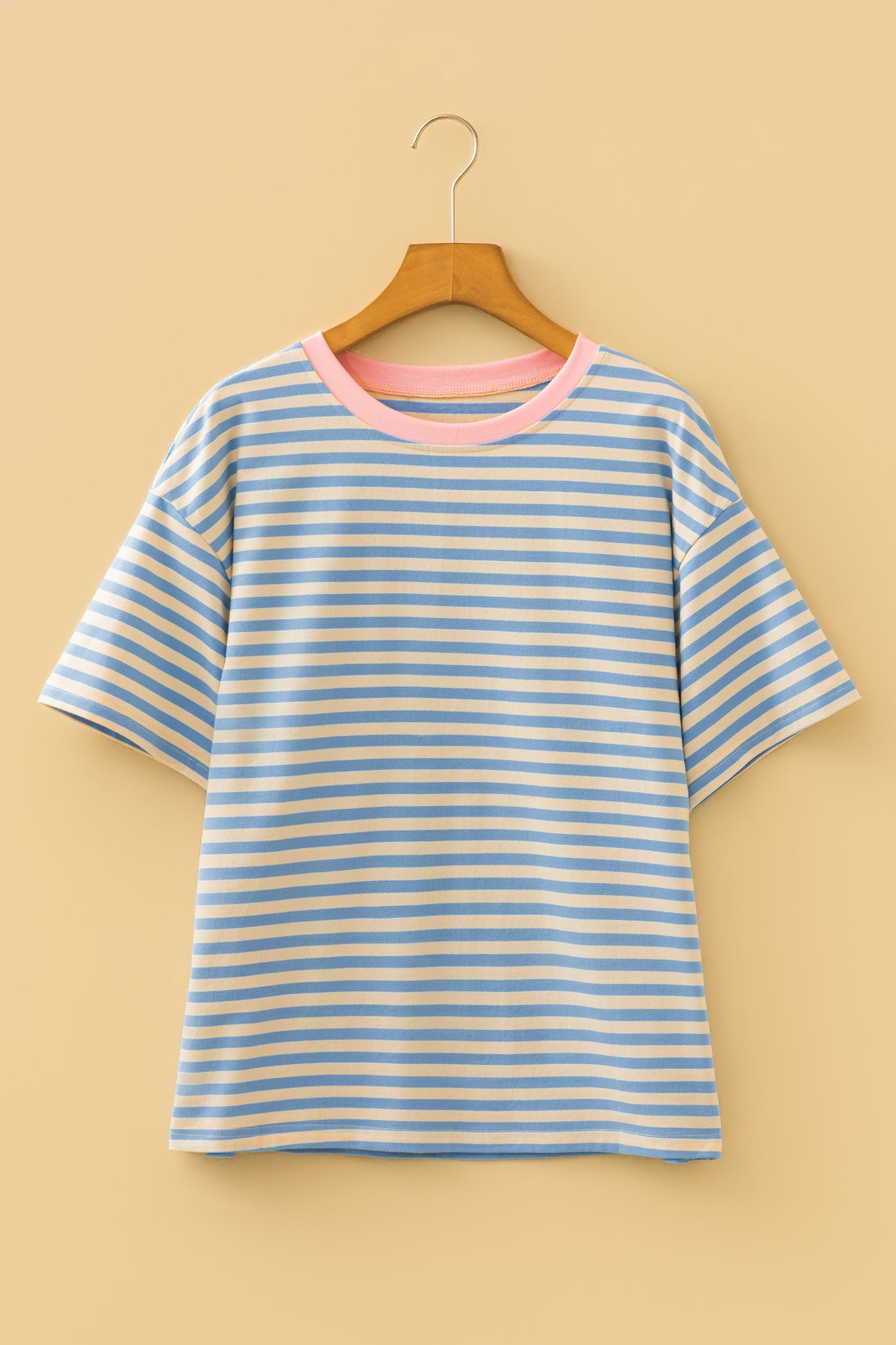 Stripe Contrast Crew Neck Drop Shoulder Loose Tee (Other Colors)