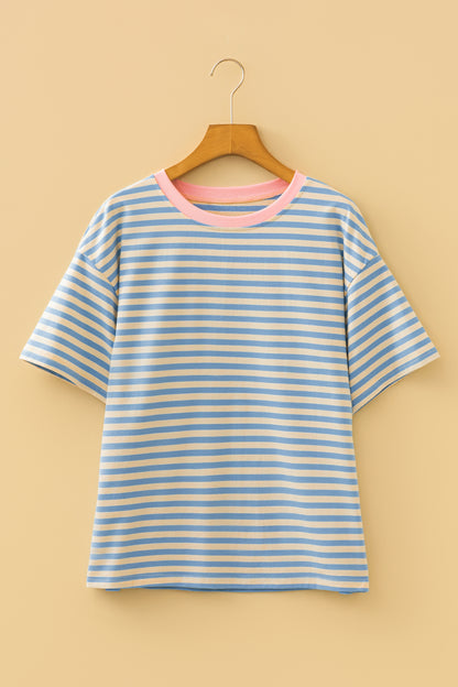 Stripe Contrast Crew Neck Drop Shoulder Loose Tee (Other Colors)