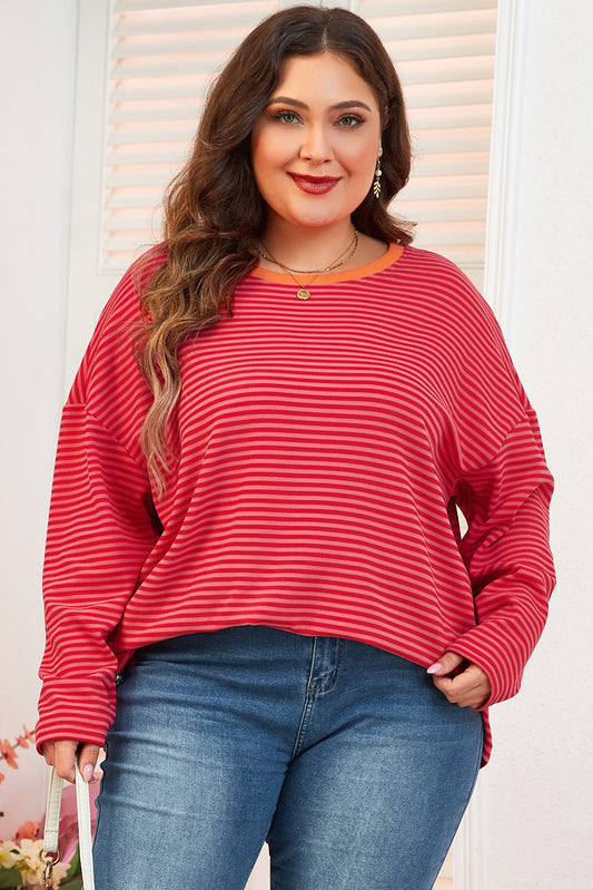 Orange Stripe Drop Shoulder Long Sleeve Buttoned Decor Top