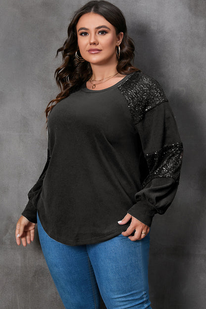 Black Sequin Patchwork Crew Neck Long Sleeve Top