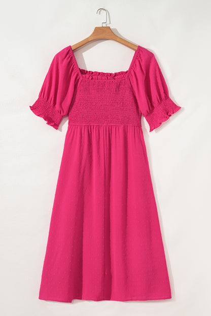 Sachet Pink Swiss Dot Smocked Frilled Neckline Short Sleeve Dress