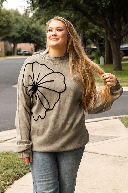 Dark Khaki Big Flower Pattern High Neck Drop Shoulder Sweater