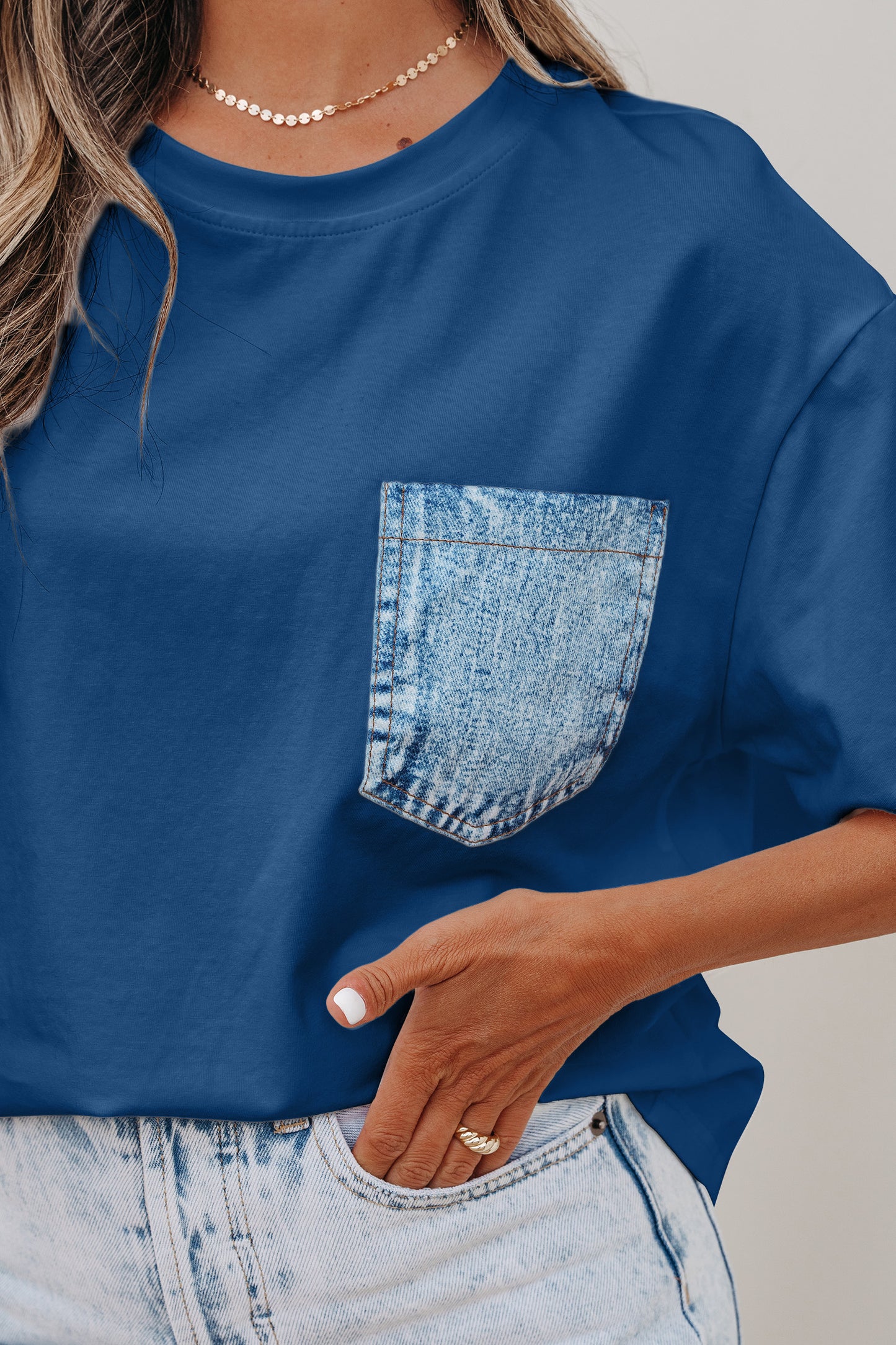 Color Block Chest Pocket Patched Casual Short Sleeve Top (Other Color)