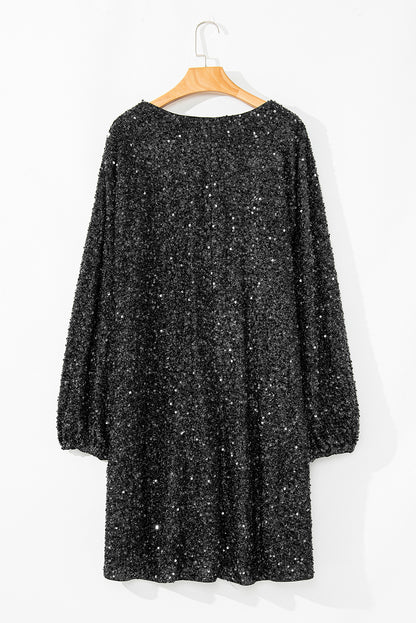 Color black Bubble Sleeve V Neck Sequin Dress