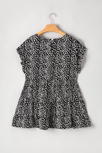 Black Leopard Print Ruffled Short Sleeve Keyhole Back Tiered Flowy Blouse