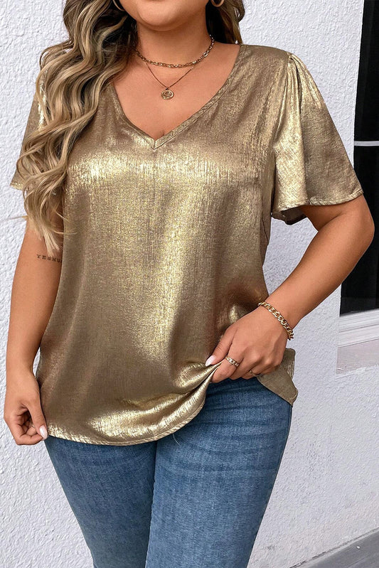 Gold Metallic V Neck Short Sleeve Blouse