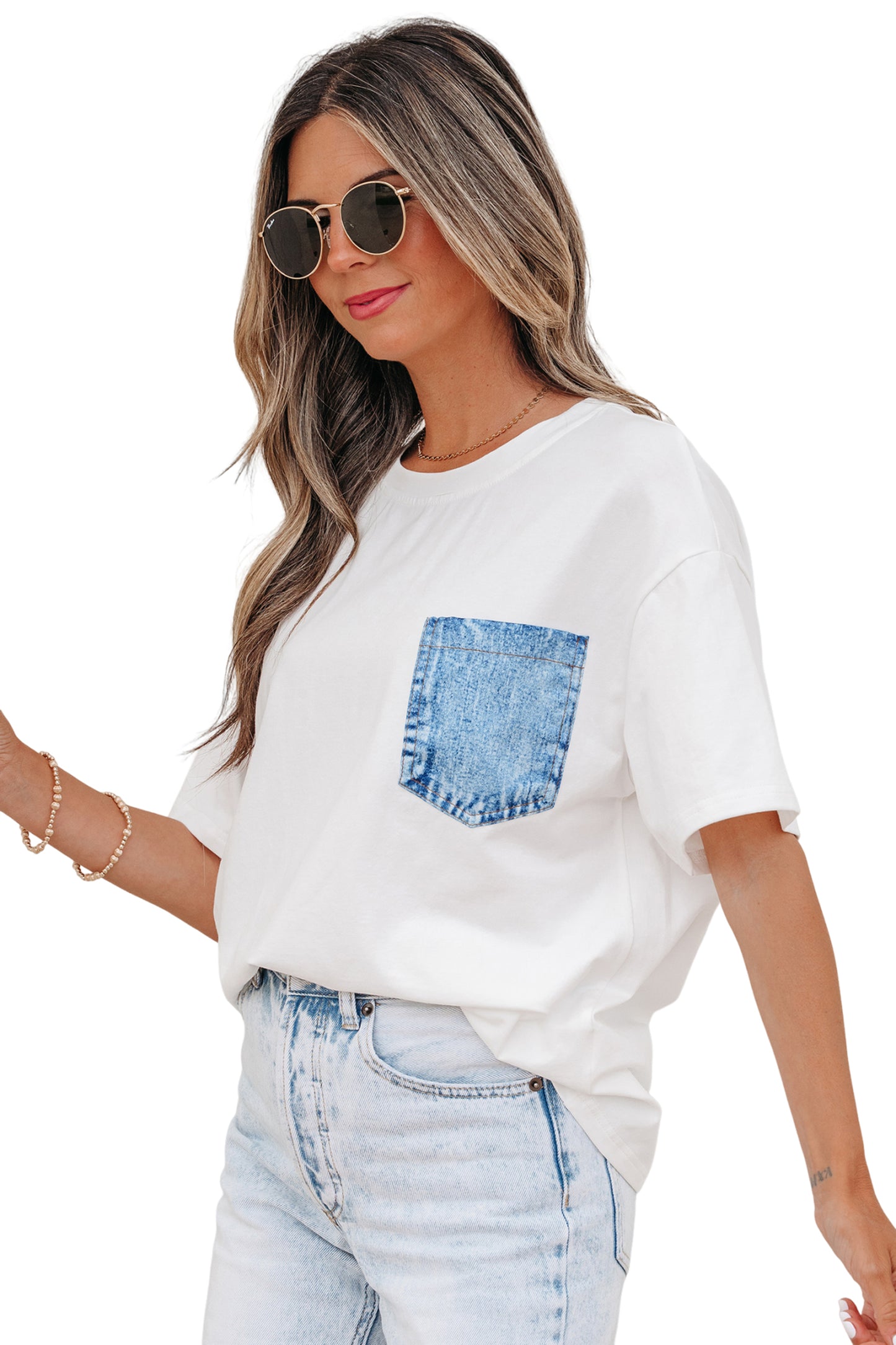 Color Block Chest Pocket Patched Casual Short Sleeve Top (Other Color)