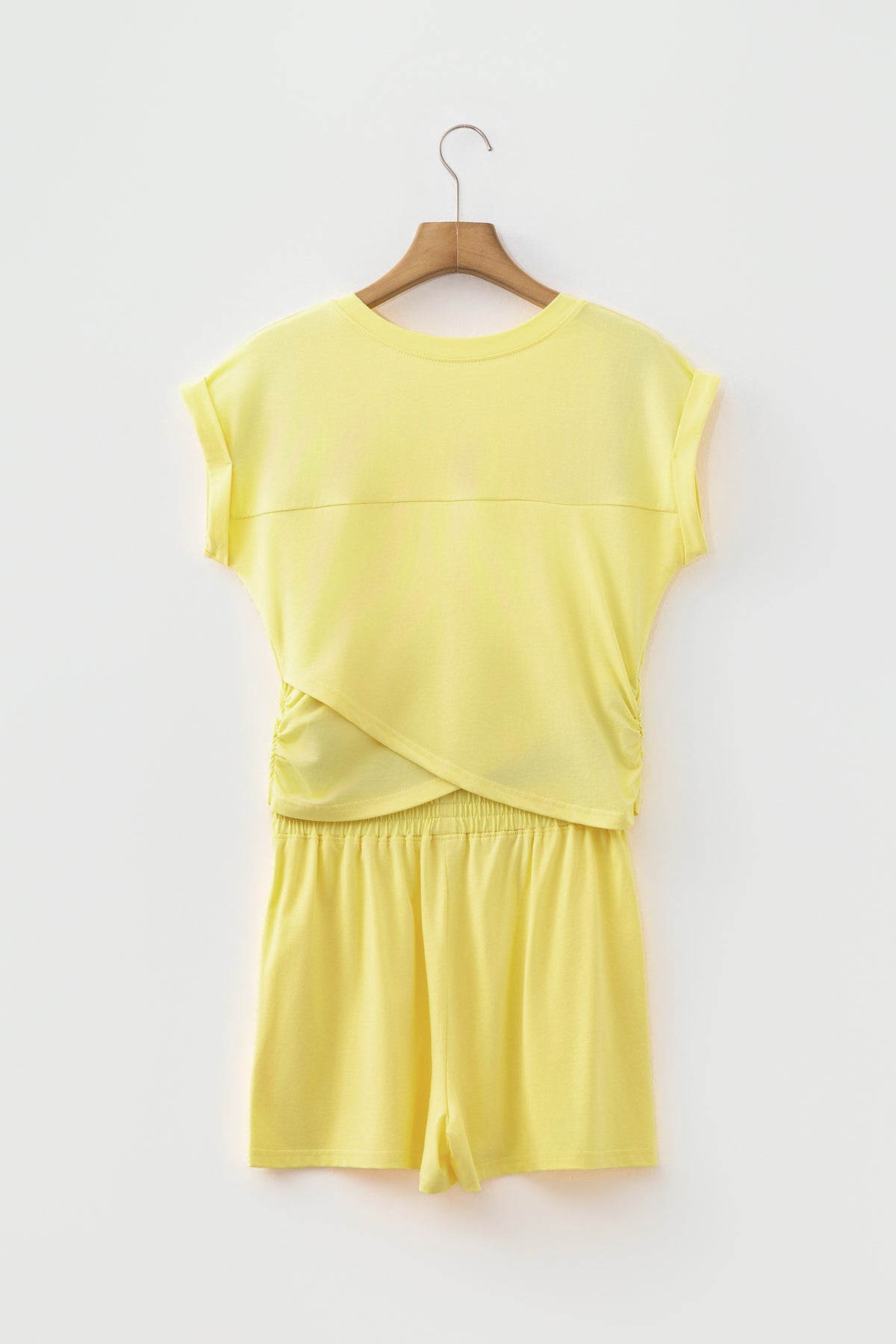 Solid Short Sleeve Elastic Waist Pocket Casual Two Piece Short Set