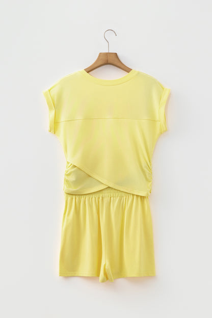 Solid Short Sleeve Elastic Waist Pocket Casual Two Piece Short Set