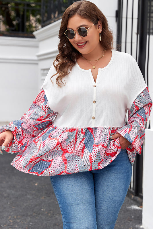 Apricot Printed Patchwork Textured Buttoned Blouse