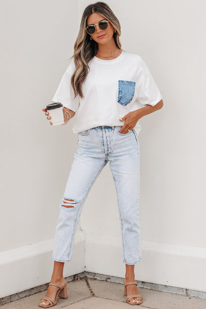 Color Block Chest Pocket Patched Casual Short Sleeve Top (Other Color)