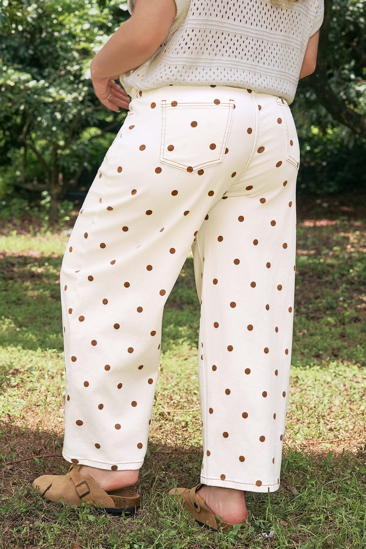 Beige Polka Dot Print Barrel Jeans