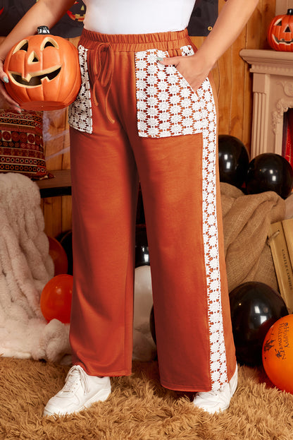 Gold Flame Floral Crochet Patch Drawstring Wide Leg Pants