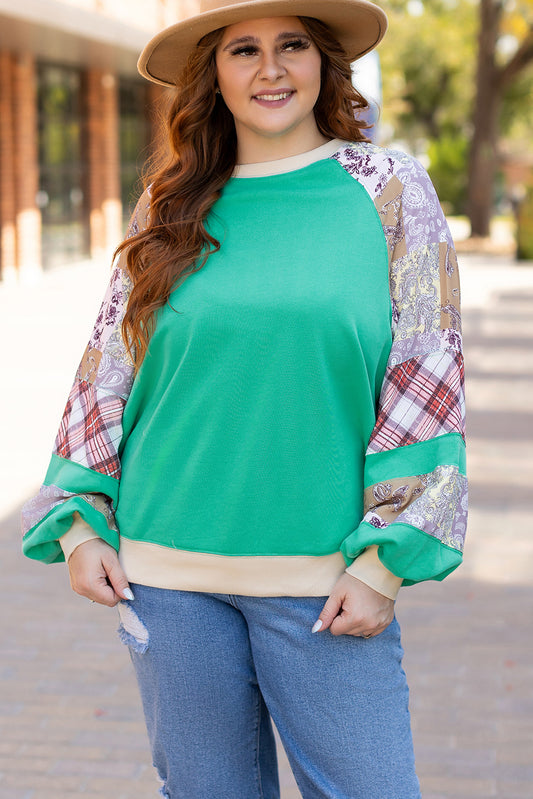 Sky Blue Plaid Floral Patchwork Raglan Sleeve Sweatshirt