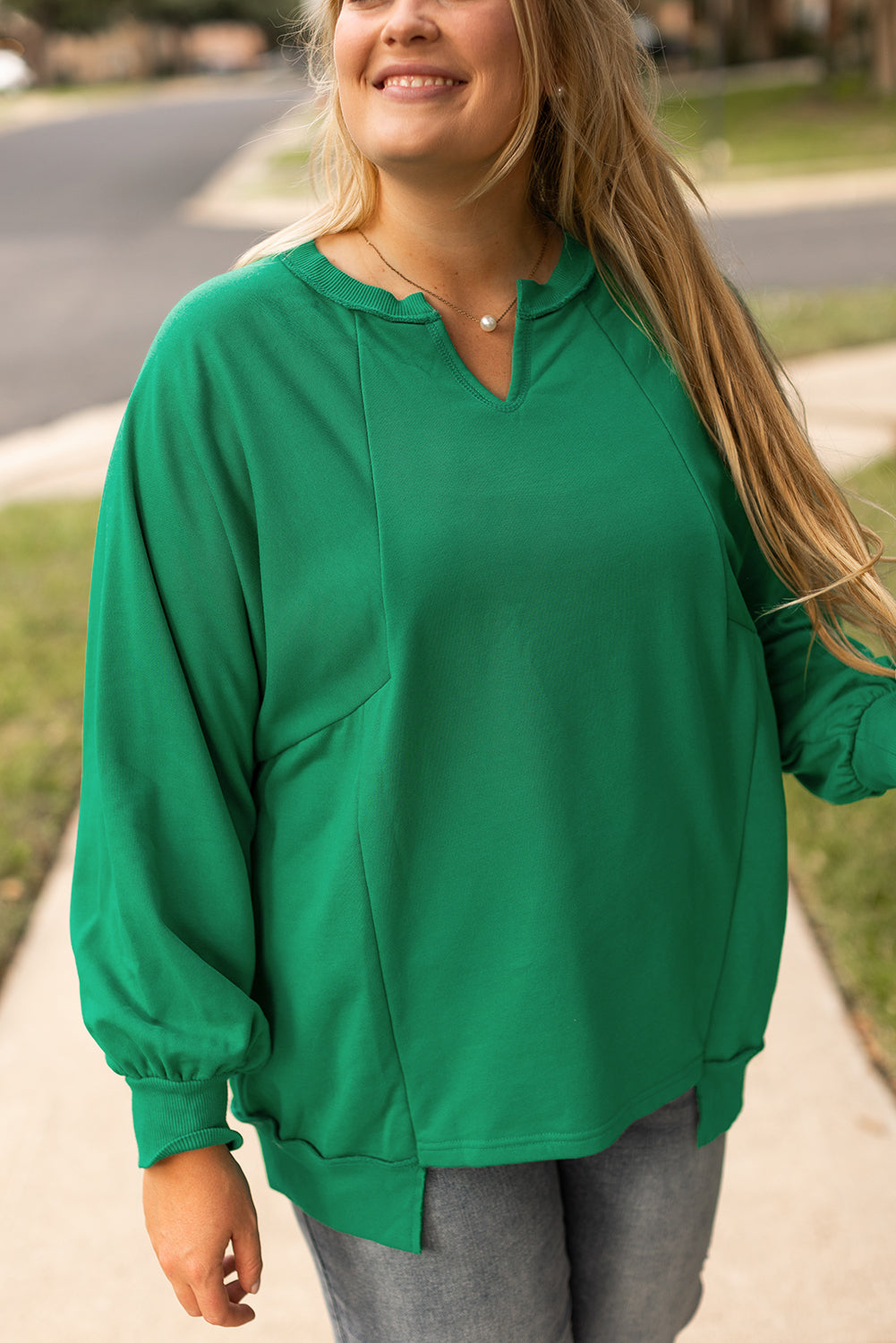 Bright Green Exposed Seam Notched Neck Drop Shoulder Sweatshirt