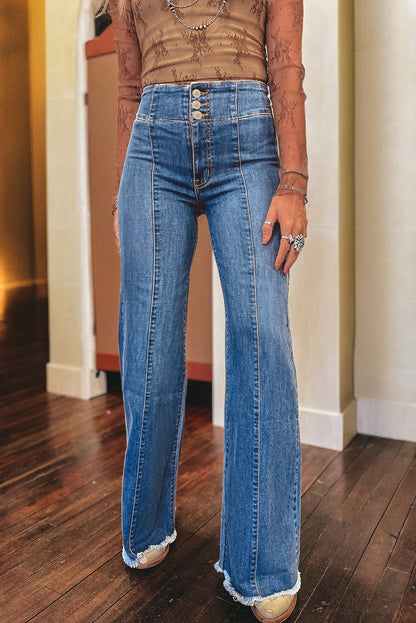 High Waist Button Fly Seamed Raw Hem Flare Jeans (Extended Sizes)