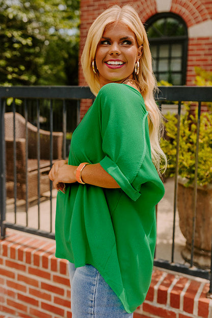 Green Seamed Back High Low Hem V Neck Cuffed Sleeve Tee