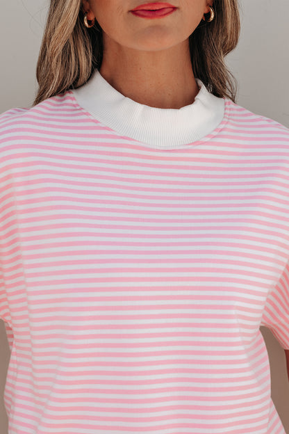 Stripe Cuffed Sleeve Contrast Mock Neck Tee Casual 2pcs Short Set (Other Colors)