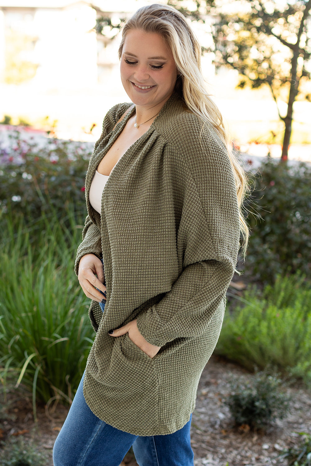 Seagrass Waffle Knit Drop Shoulder Open Front Pocketed Cardigan