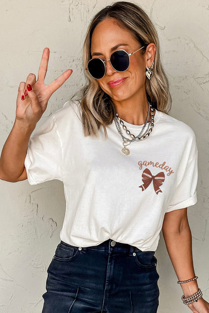 White Game Day Bowknot Embroidered Graphic Casual Tee (Extended Sizes)
