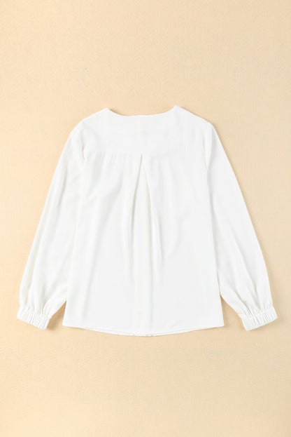 White Crew Neck Gathered Stretch Cuff Shirt (Extended Sizes)