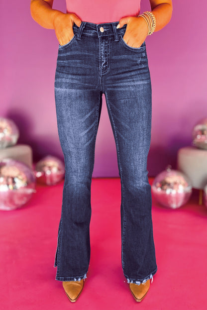 Wild Wind Medium Wash High Waist Split Flared Jeans (Extended Sizes)