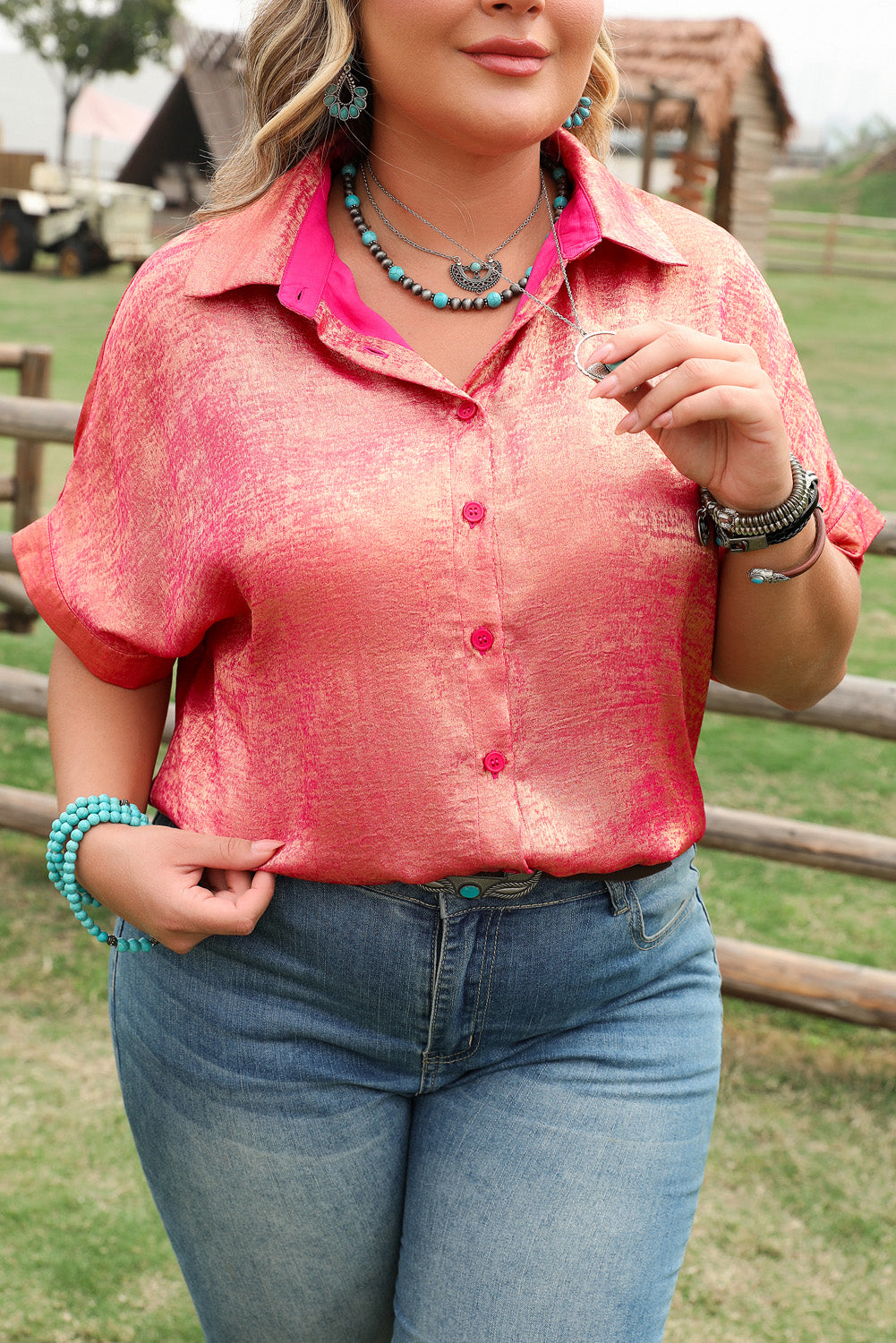 Rose Red Metallic Sheen Short Sleeve Button Up Shirt