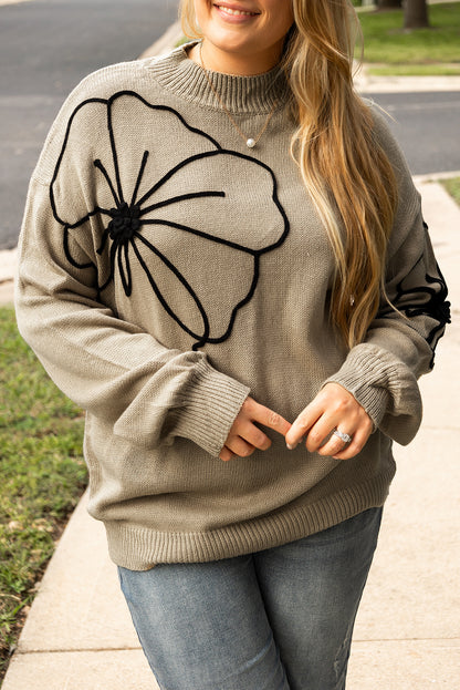 Dark Khaki Big Flower Pattern High Neck Drop Shoulder Sweater